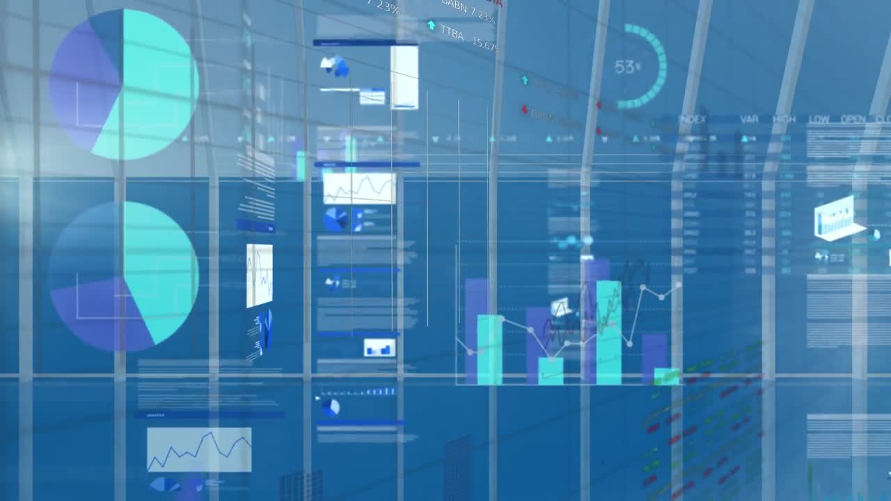 Animation of financial data processing and lines on blue background