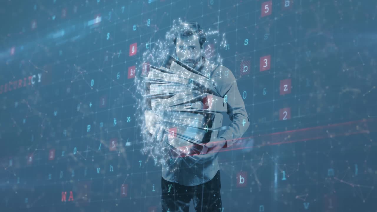 사이버 보안 데이터 처리가 파일  ⁇ 어리를 들고 있는 남자에 대해