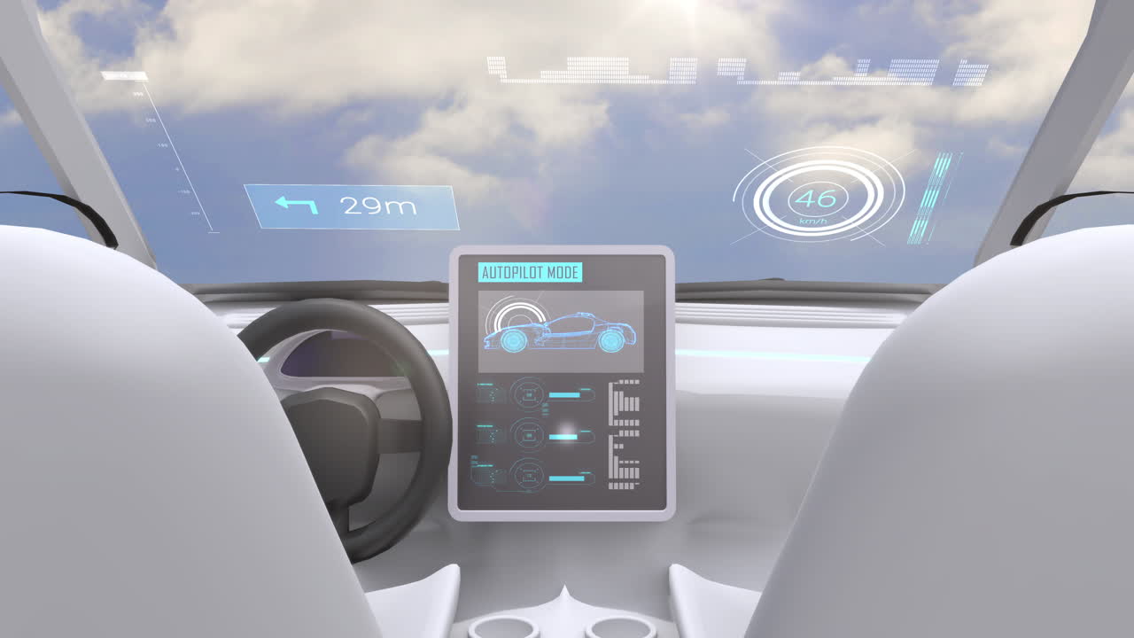 pantalla de simulación de videojuego que muestra la cabina del coche conduciendo en el cielo