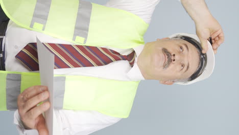 Vertical-video-of-Looking-up,-the-old-engineer-is-holding-his-hard-hat.