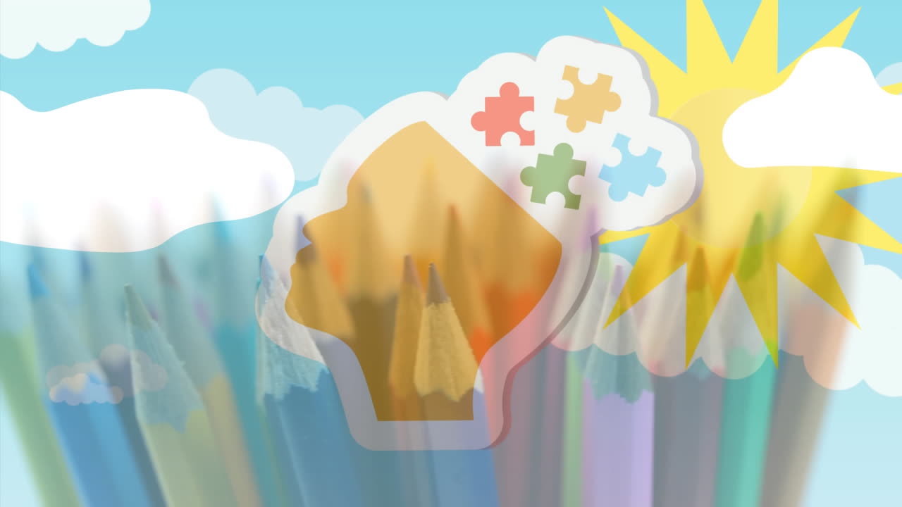 노란색 인간 머리의 애니메이션과 파란색 하늘에 색 연필과 태양에 대한 퍼즐