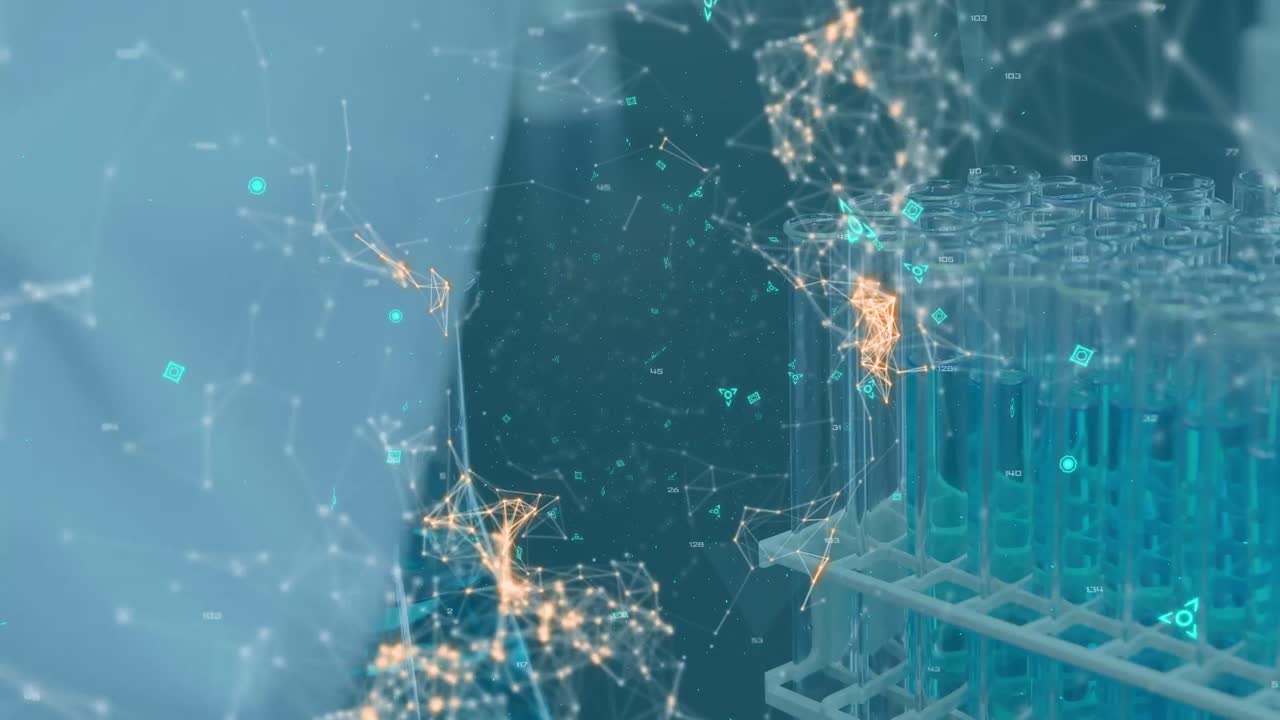 Animation of data processing and shapes over scientist in lab