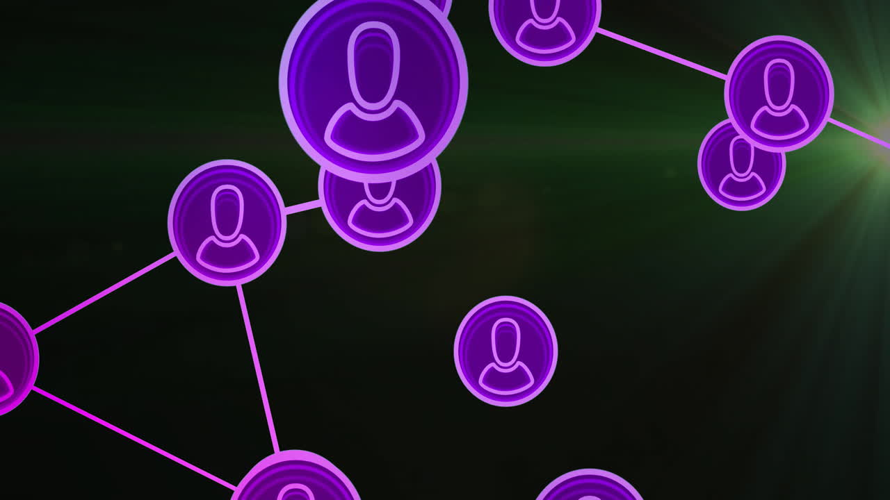 Purple network icons connecting over dark green background in animation style