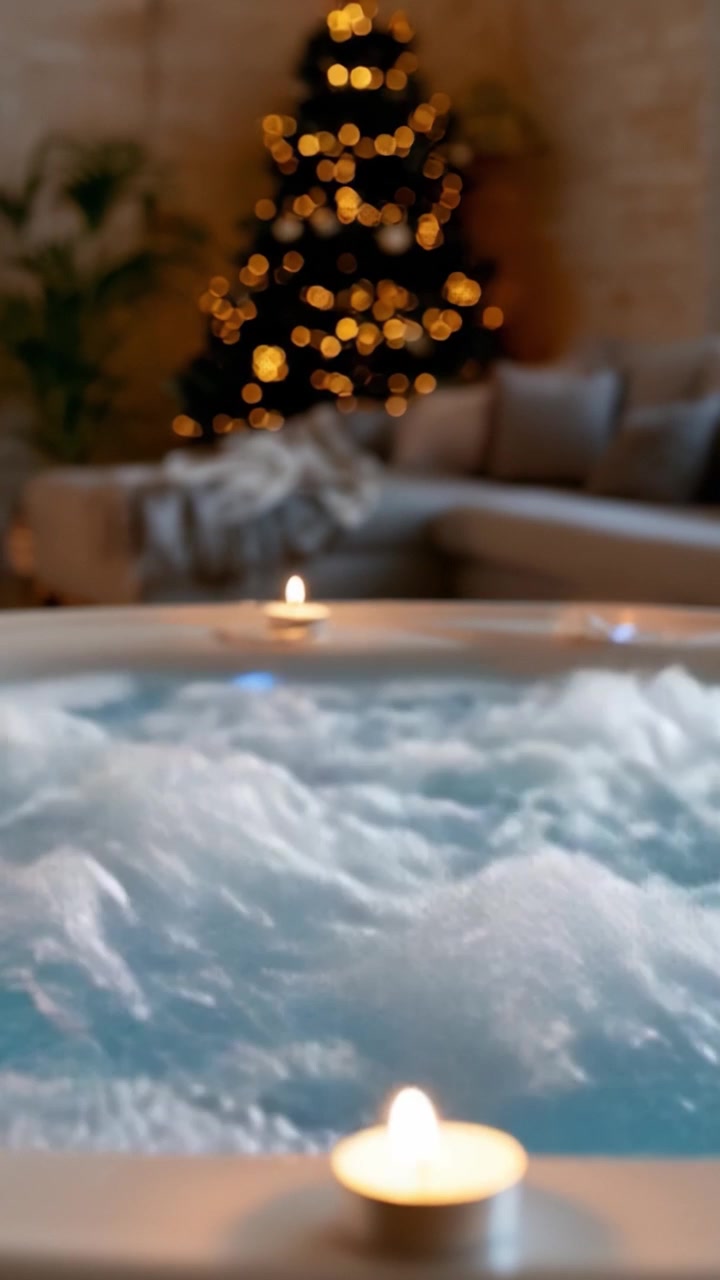 Lussuosa esperienza spa con bolle e soffusa luce di candele in un'accogliente atmosfera natalizia, con un albero di Natale splendidamente decorato sullo sfondo.