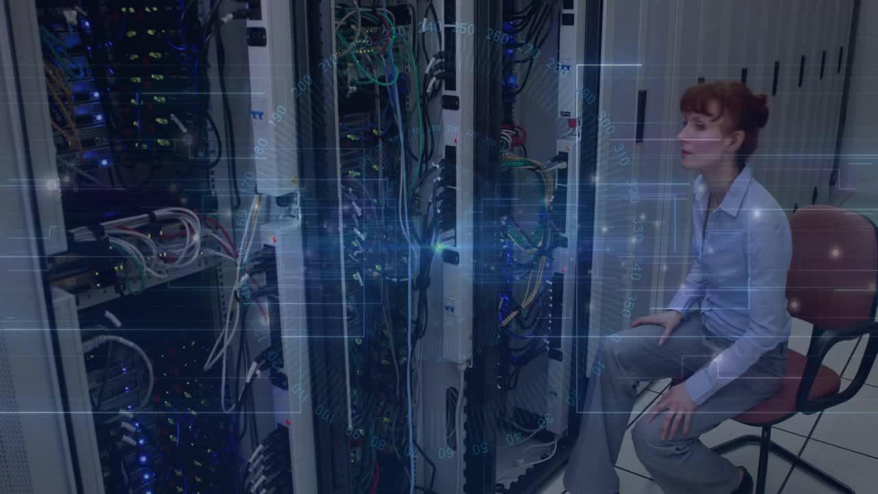 Woman monitoring network servers and blinking lights in data center, showing floating data links