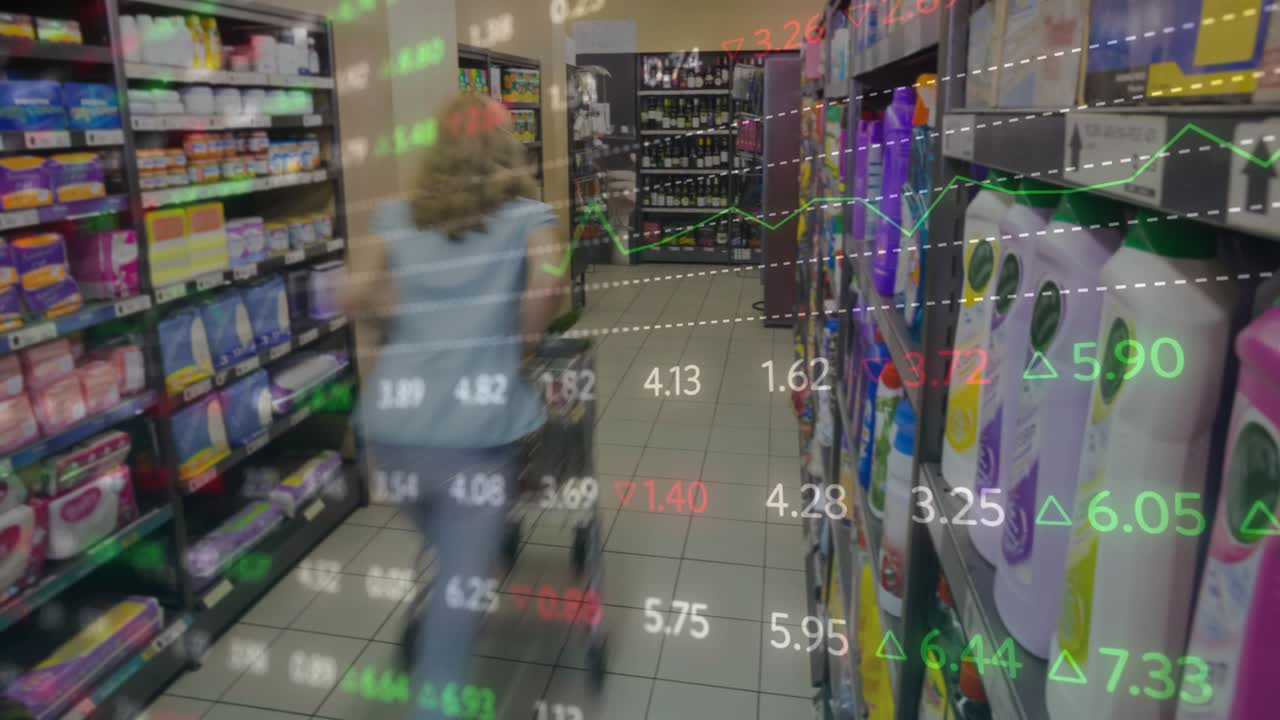 Woman shopper entering grocery aisle pushing cart, data overlay tracking goods while buying laundry