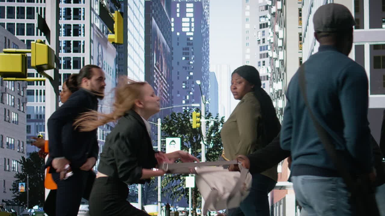 Dramatic downtown street crime scene with snatch and assault in progress
