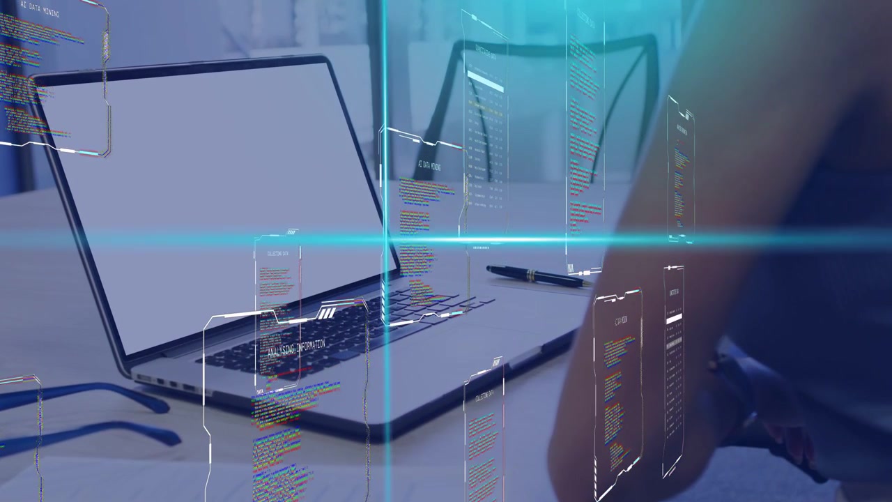 Woman at desk leaning forward and shifting arm, starting tech panels sliding across laptop and arm