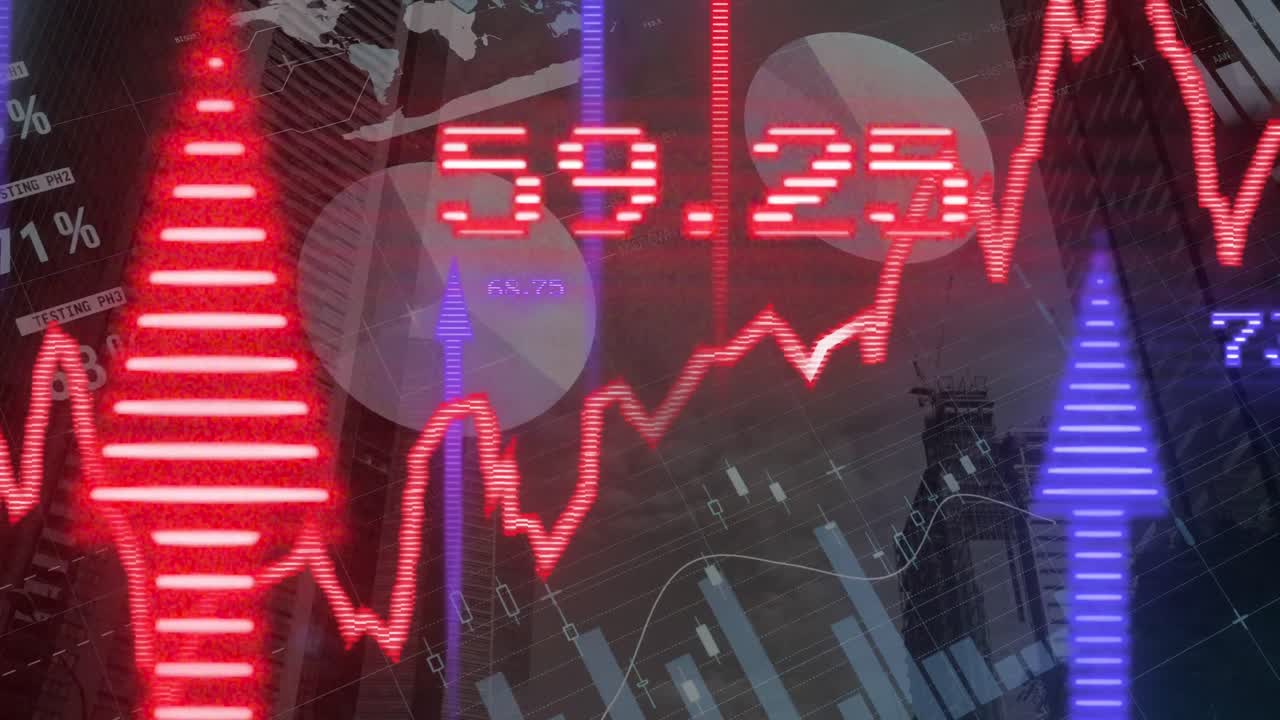 都市風景上の金融データ処理のアニメーション