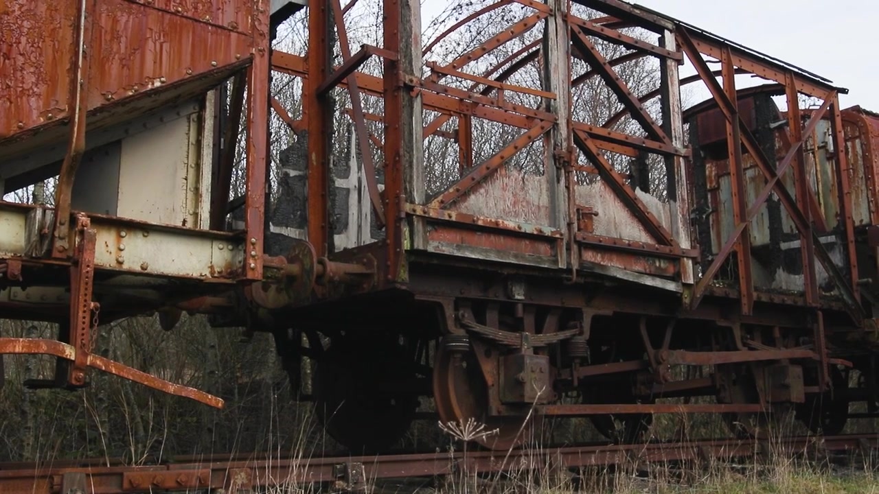 Kamera afslører rustent skelet af forladt vogn i skovområde, ideel til urbex