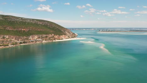 aerial shot of a crystal clear turquoise beach along the coast of portugal