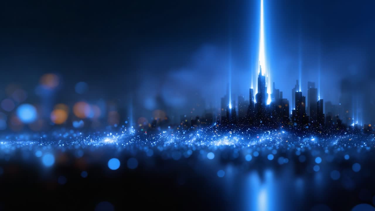 A Stunning Futuristic Cityscape Illuminated by Dazzling Blue Lights, Capturing the Essence of Modern Architecture and Technological Marvels at Night