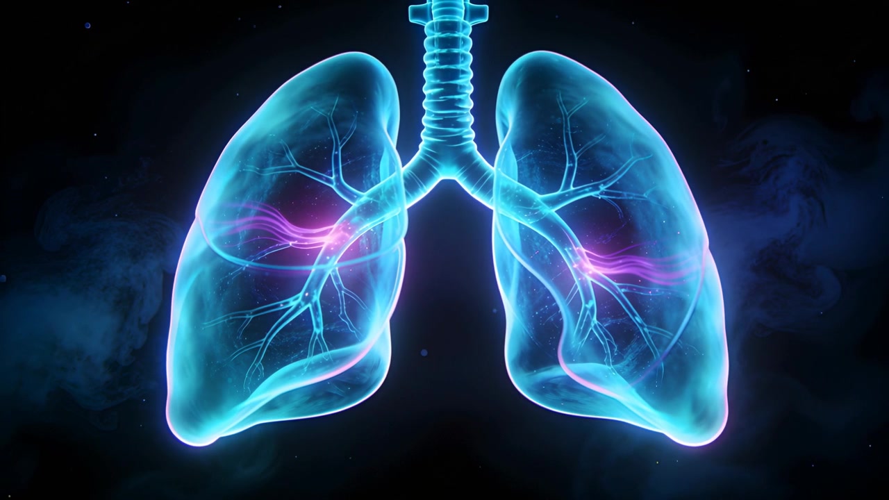 Animazione in loop di polmoni ciano che pulsano di magenta nella trachea e nei bronchi in un vuoto blu, mostrando il flusso d'aria