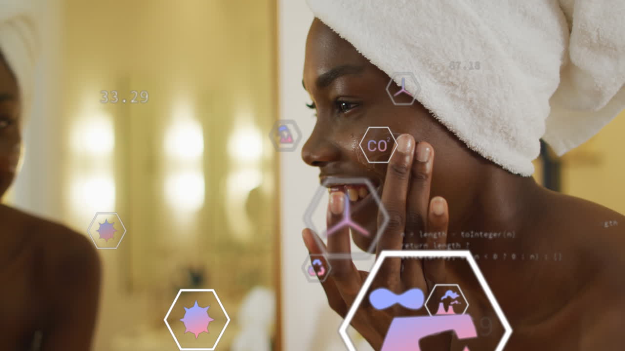 Animazione di icone multiple su una persona afroamericana che applica la crema sul viso dopo aver fatto il bagno