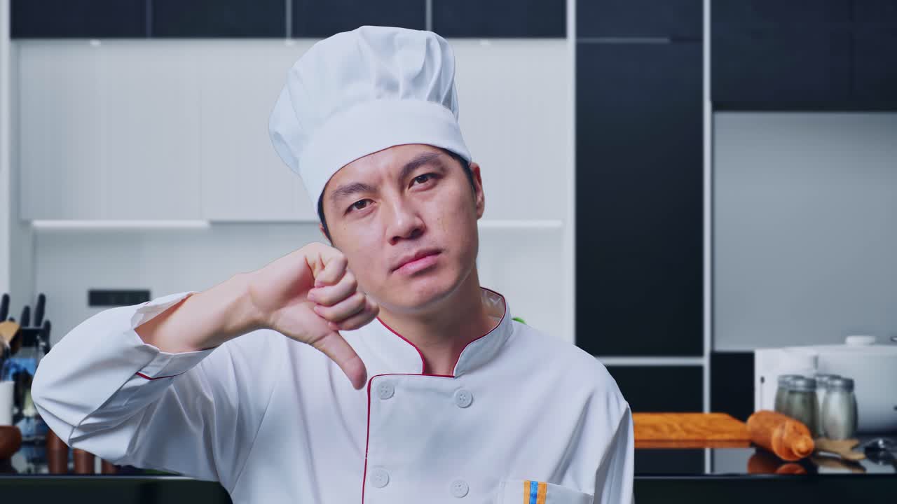 집 주방 에 서 있는 동안 카메라 에 엄지손가락 을 내려 놓은 아시아인 요리사 의 근접 사진