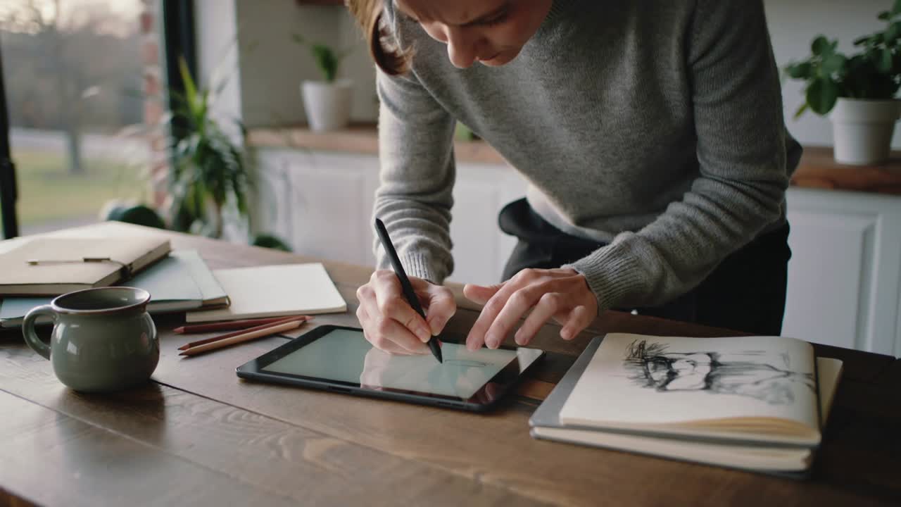 Artista che si sporge in avanti, indossa un maglione grigio, tiene fermo un tablet e perfeziona uno schizzo di un ritratto a un tavolo di legno