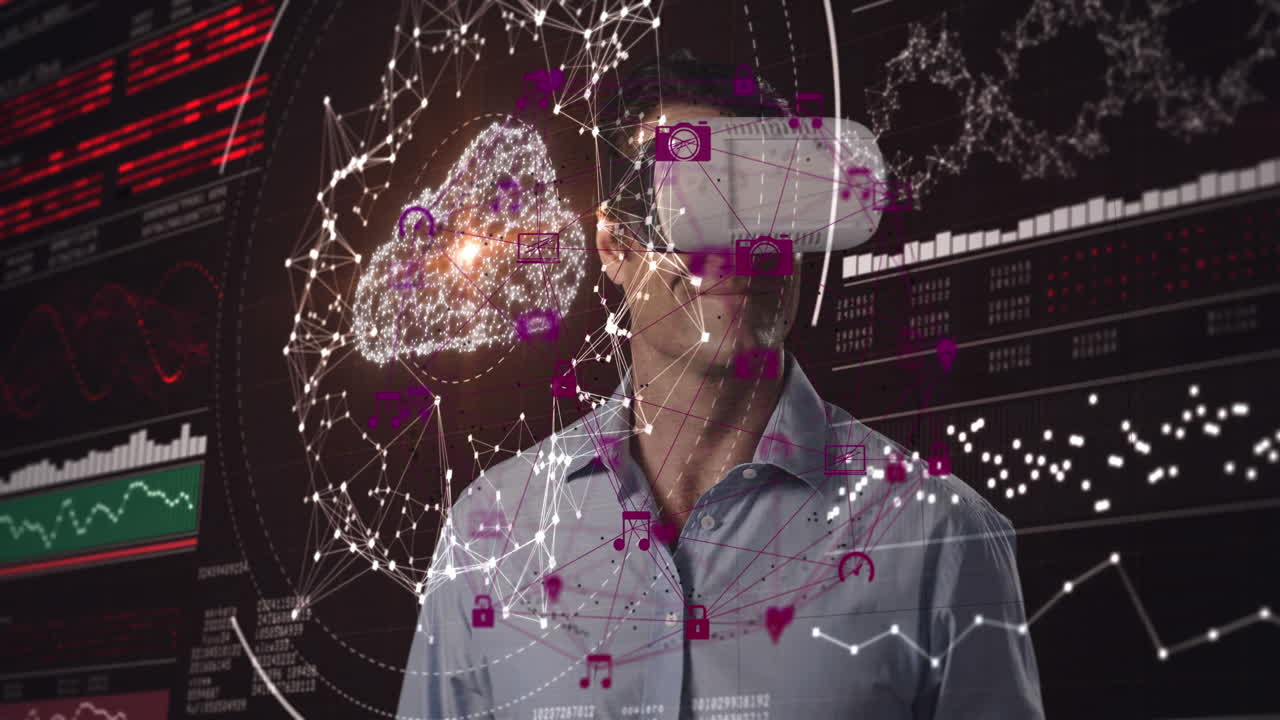 animación de la red de conexiones sobre el hombre que usa auriculares vr