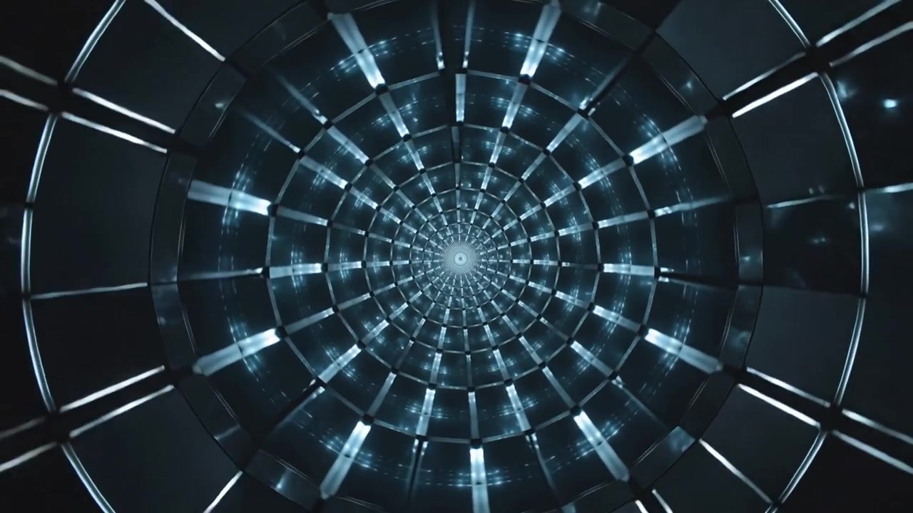 Starting camera glide revealing shaft interior with radial light ribs, showing rings and core