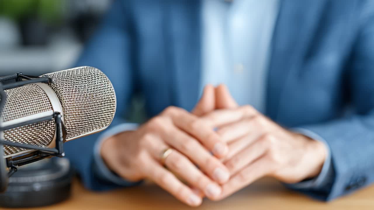 A Confident Speaker Gestures During an Engaging Podcast Session, Highlighting the Importance of Communication and Connection in Modern Media Outreach