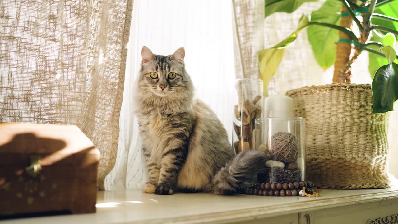 Fluffy Tabby Cat Sitting by Window in Cozy Home Interior