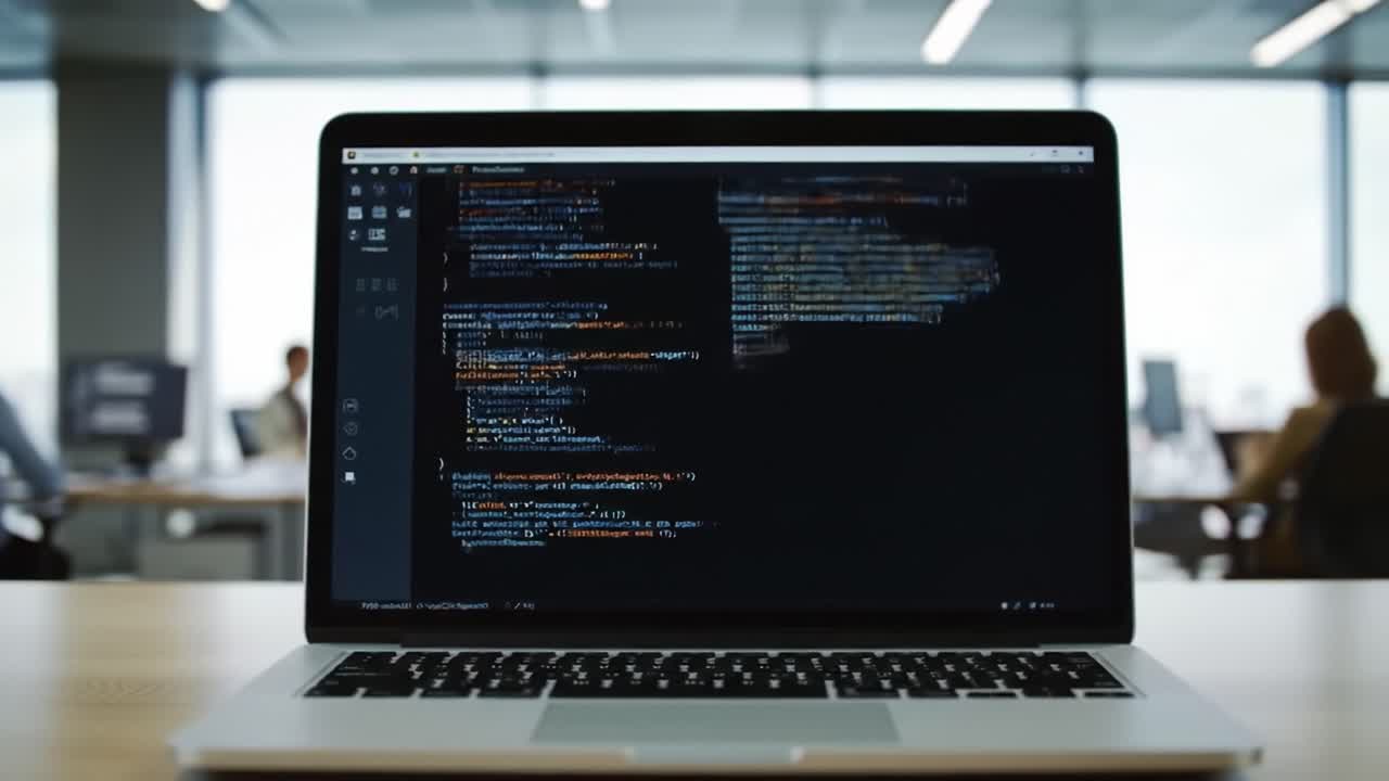 Laptop with Code on Screen in Modern Office