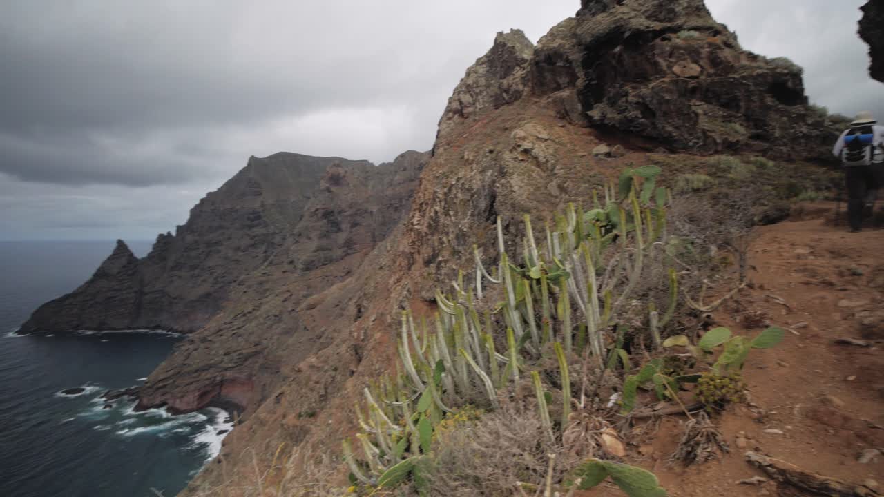 excursionista femenina al borde de una montaña con vista panorámica sobre el océano