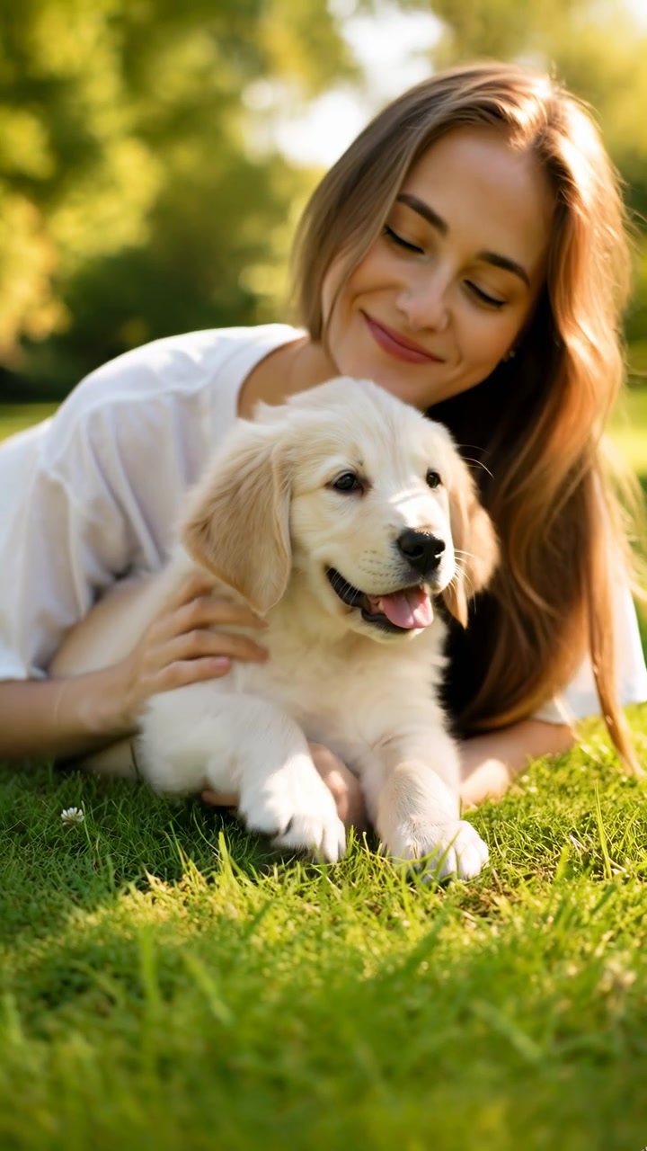 Caucasian Woman Cuddling Golden Retriever Puppy In Sunlit Park, Smiling While Resting On Soft Grass Gentle