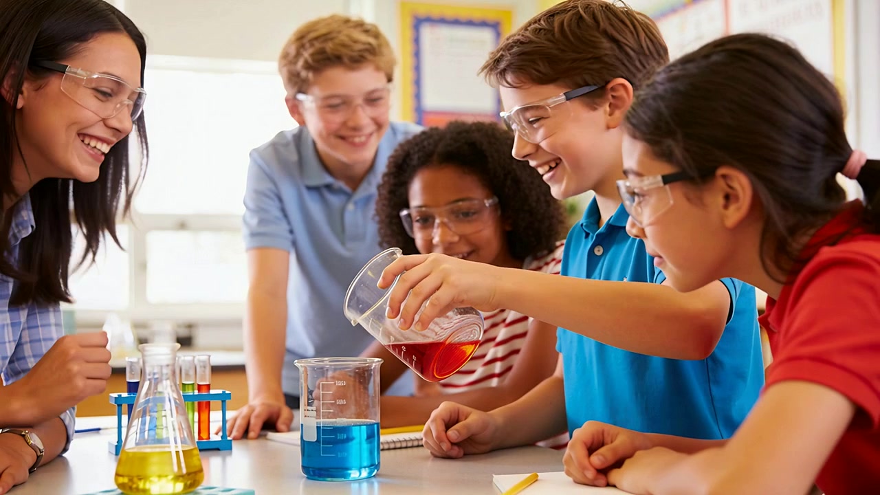 Pouring blue-polo boy tipping red into beaker in lab, plaid teacher guiding for class experiment