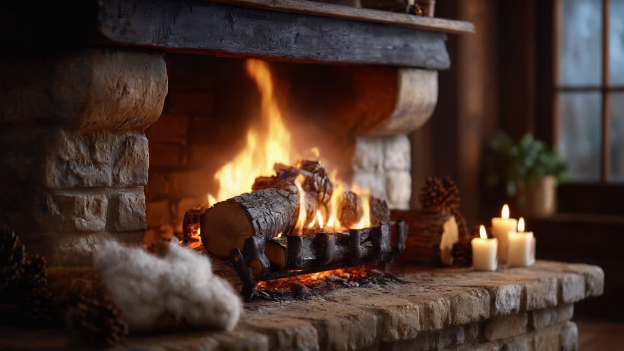 A Cozy Scene of a Crackling Fireplace with Logs Burning Warmly Amidst Soft Lighting and Rustic Decor, Creating a Perfect Atmosphere for Relaxation and Comfort