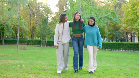 three diverse friends walking arm in arm in a park