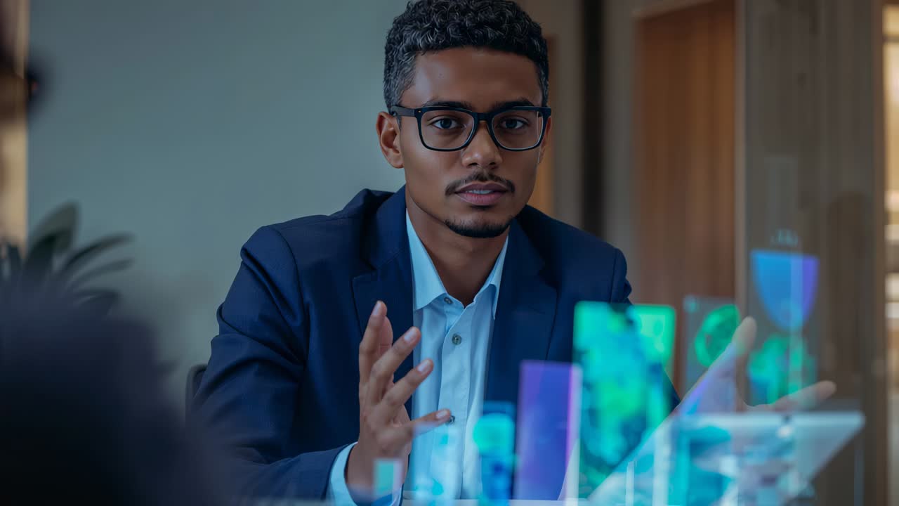 Presenting man in navy suit and glasses, responding to tablet projecting hologram charts in office