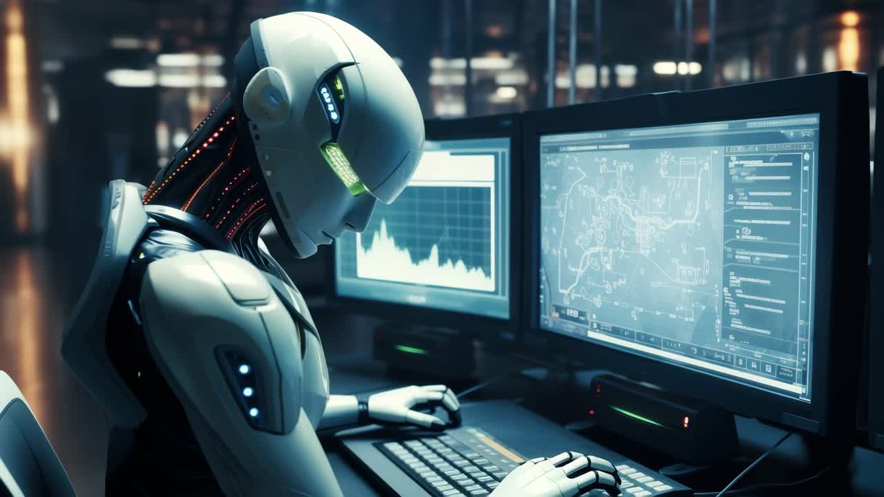 Futuristic robot analyzing data on screens in a dimly lit lab