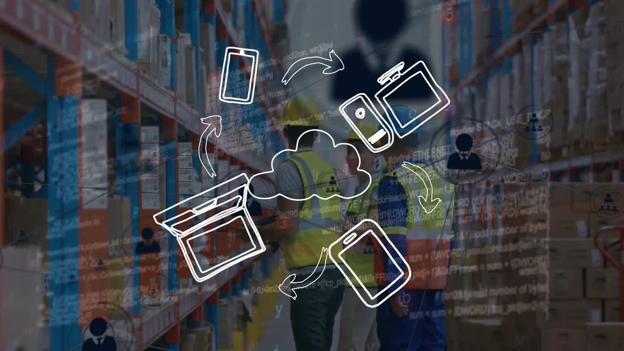 animación de la red de iconos digitales y procesamiento de datos sobre las personas que trabajan en el almacén