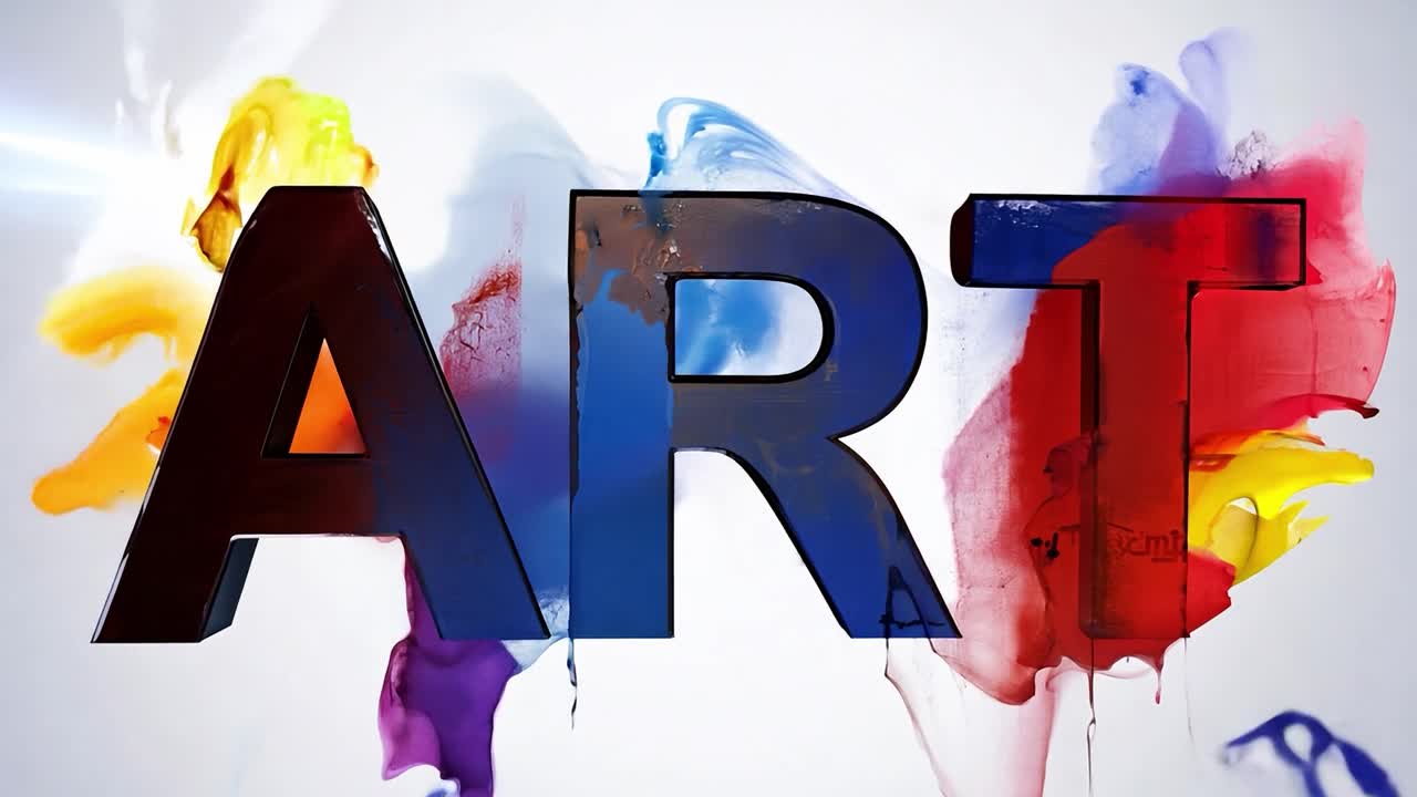 Colorful ink splashes and merges, revealing the word art against a clean white background