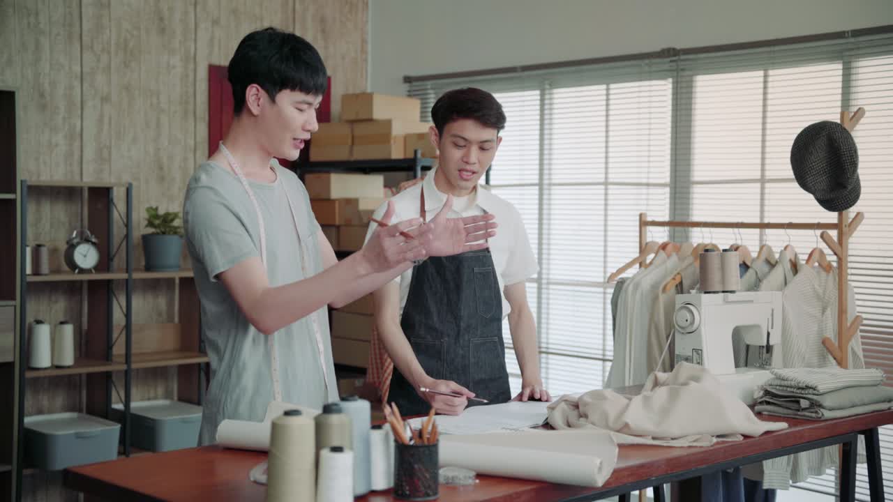 젊은 똑똑한 아시아 lgbti 남성들이 함께 일합니다. 파트너십, 소규모 사업 시작 디자이너, 의류 사업 상점 소유자, 프리랜서 집이나 사무실 스튜디오에서 일, 비즈니스 우정 파트너.