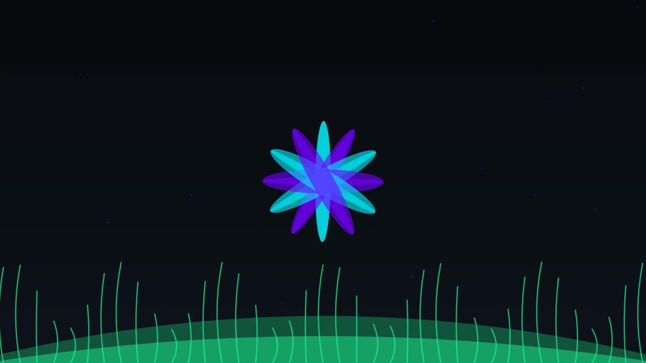 Abstract Glowing Flower Animation Over Green Grass