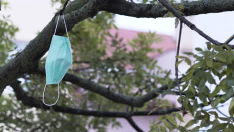 a simple green protective covid-19 face mask hanging loosely on a tree branch, thrown out by someone, being blown lightly by an autumn breeze, red rooftop in the background, static close up 4k shot