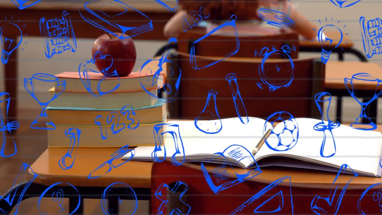 교실에서 다양한 학교 아이들 위에 학교 아이템 아이콘의 애니메이션