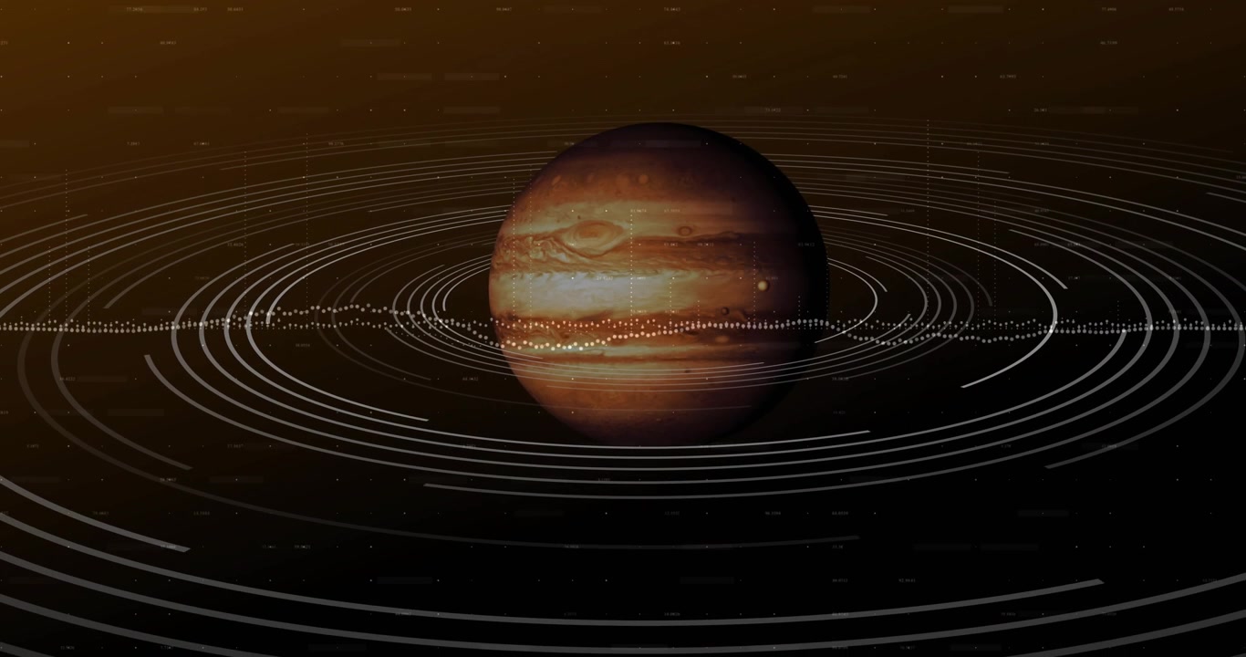 Animazione che si avvia con la rotazione di un gigante gassoso arancione-marrone, con anelli di dati pulsanti che visualizzano segnali cosmici.