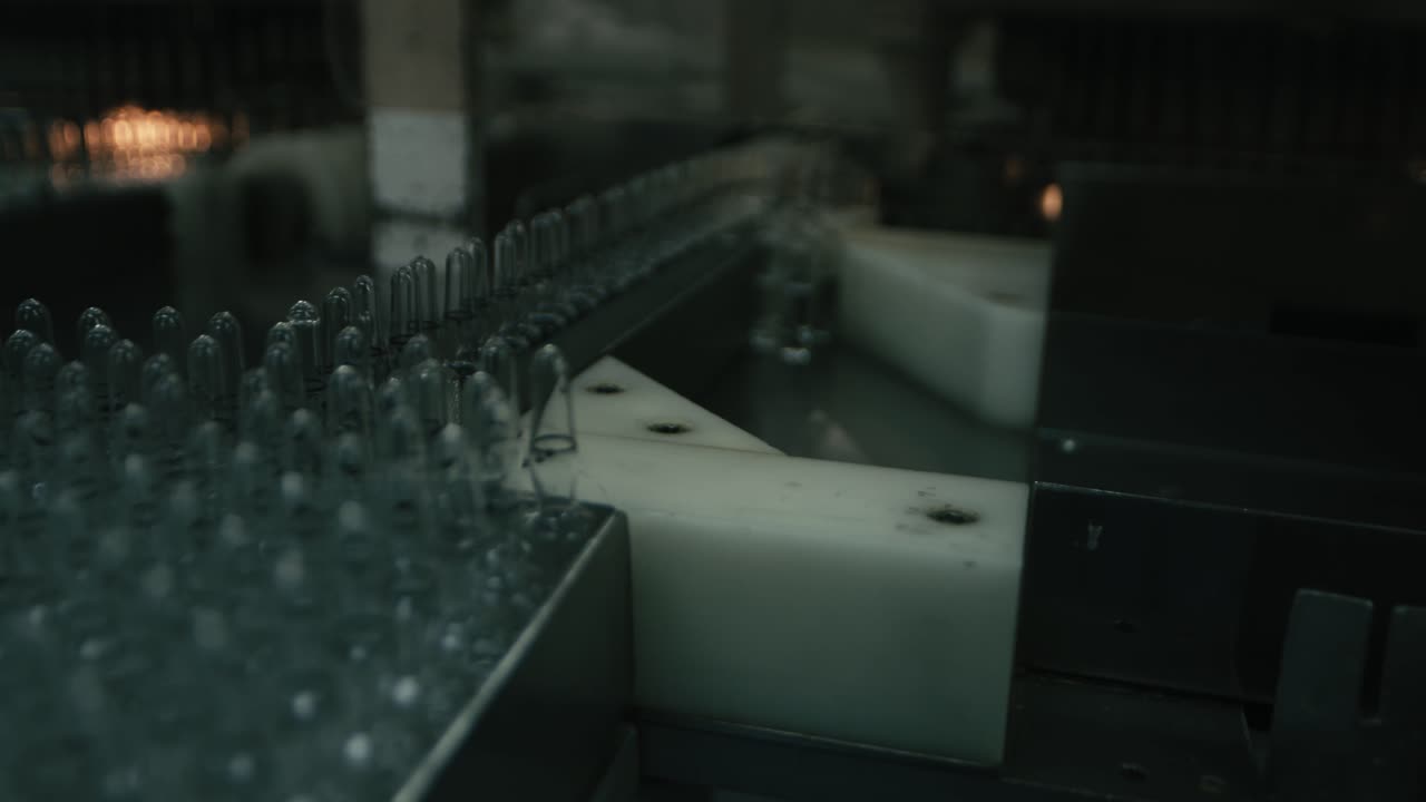 A conveyor machine organizing making small plastic tubes for a bottler with a bottling machine