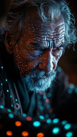 a man with a beard and a beard has a face with a lot of spots on it