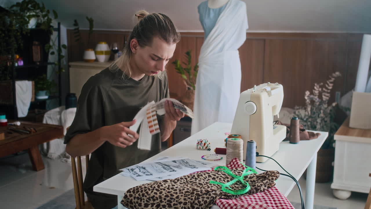 Fashion Designer Sitting at Workplace with Sewing Machine