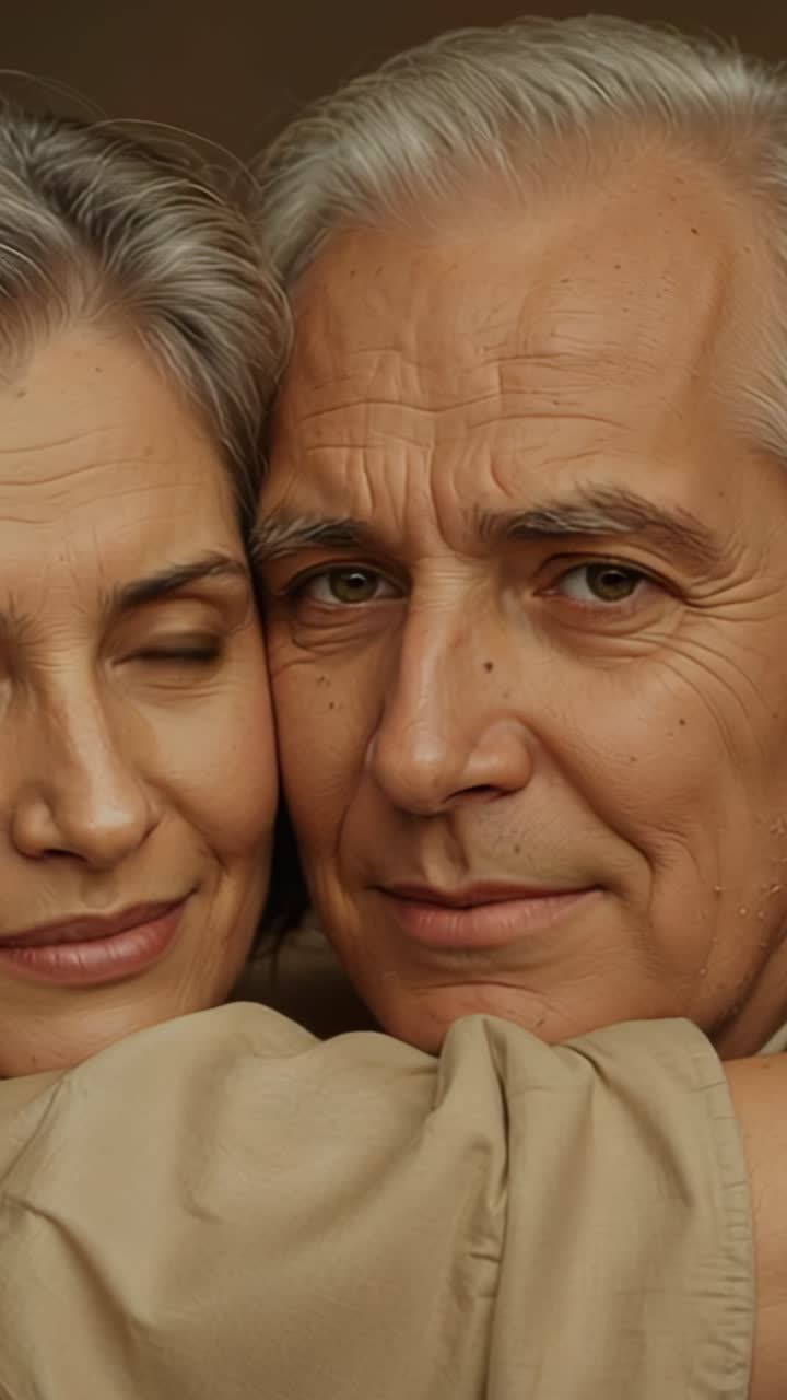 Vertical video: Shifting camera showing senior man stroking woman's hair during loving studio hug