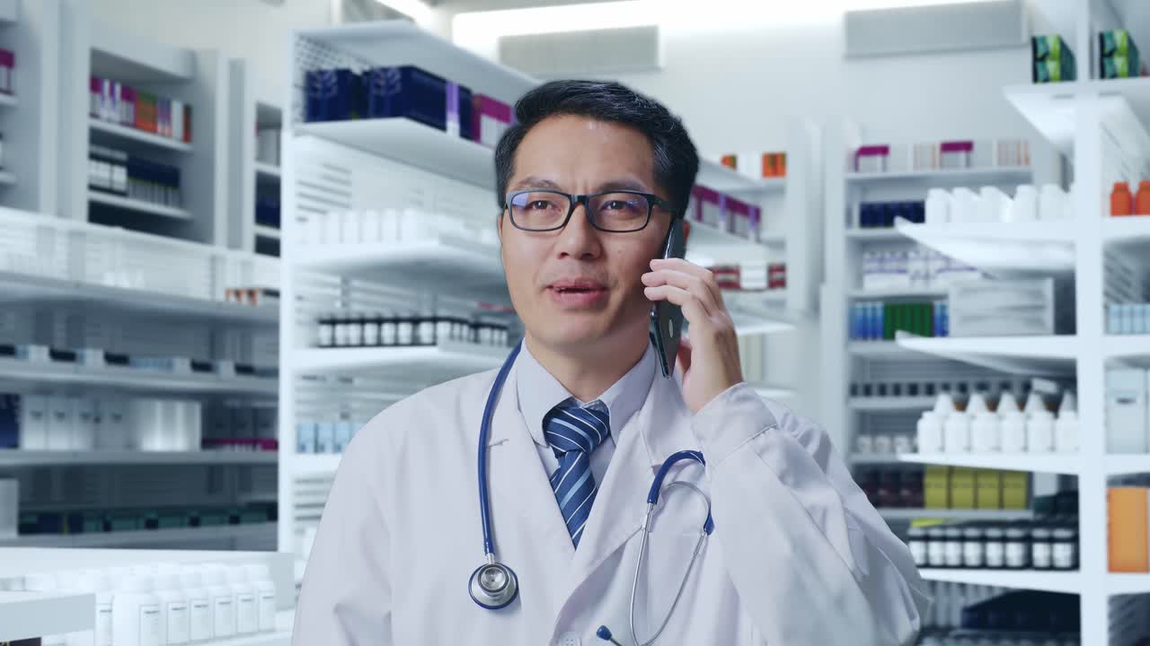 약국에 서서 스마트폰으로 대화하는 스테토스코프를 가진 아시아 남성 의사의 클로즈업