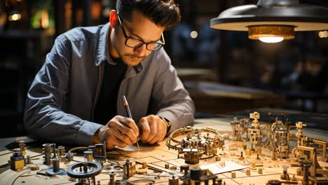 model maker focuses on intricate design in a creative workshop