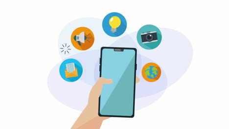 hand using smartphone with social media marketing animation