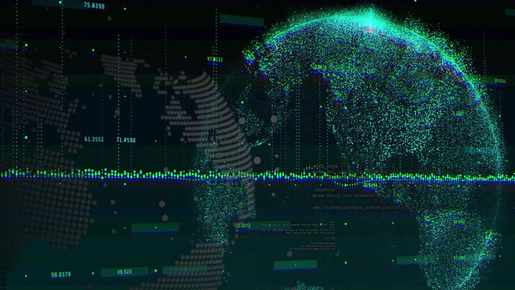 Digital globe and DNA strand with data processing animation in futuristic theme