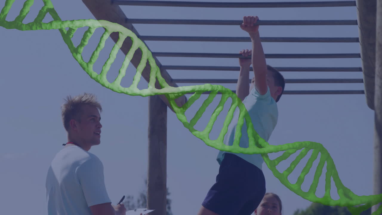 Barn leger i abestativ med DNA-streng animationsoverlejring.