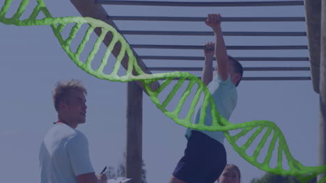 child playing on monkey bars with dna strand animation overlay