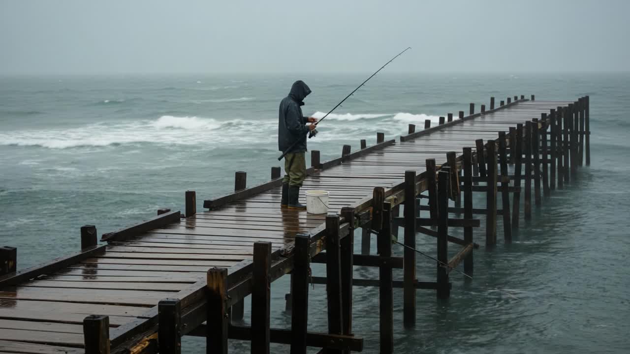 A person fishing on a pier during an overcast or rainy day